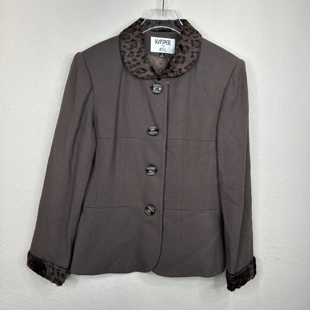 Kasper Jacket 8 Olive Fur Animal Collar Vintage Mob Wife 90s 80s Glam